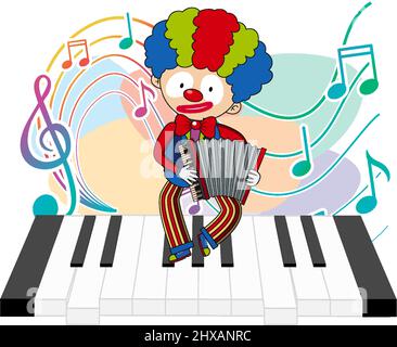 Joli clown jouant de l'accordéon avec des notes de musique sur l'illustration du piano Illustration de Vecteur