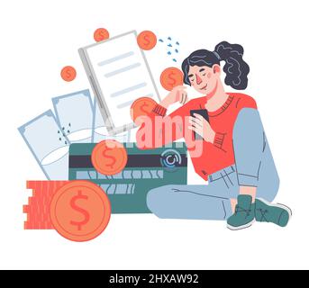 Paiement en ligne, achats en ligne sécurisés et concept de transfert d'argent protégé avec femme obtenant ou transférant de l'argent via l'application de téléphone mobile, plat vec Illustration de Vecteur