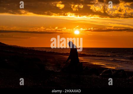 Rustington Beach, Royaume-Uni, 11th mars 2022. Le soleil se lève lorsqu'un chien promenant se promène le long de la plage de Rustington, dans le West Sussex. Crédit : Steven Paston/Alay Live News Banque D'Images