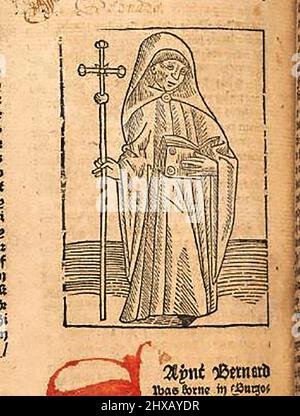 15th Century Woodcut montrant Saint Bernard, tel qu'imprimé par William Caxton ( 1422-1491/92) dans sa traduction de 'la Légende d'Or' ou 'donc endeth la legende nommée dans Lalyn legenda aurea qui est à saye en Englyshe la legende dorée' par Jacobus, de Voragine, (Circa 1229-1298). Banque D'Images
