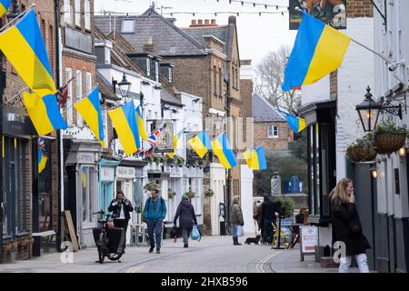 Alors que la guerre en Ukraine entre dans sa troisième semaine, les drapeaux ukrainiens pendent aux côtés de British Union Jacks au-dessus des entreprises de Church Street, Twickenham, le 10th mars 2022, à Londres, en Angleterre. L'initiative a été organisée par l'association Church Street of Twickenham, qui a fait preuve de solidarité et de sympathie envers les Ukrainiens locaux, en disant: 'La solidarité avec nos frères et sœurs ukrainiens. Nous nous sentons pour vous et votre horrible épreuve. Restez fort ! » Banque D'Images