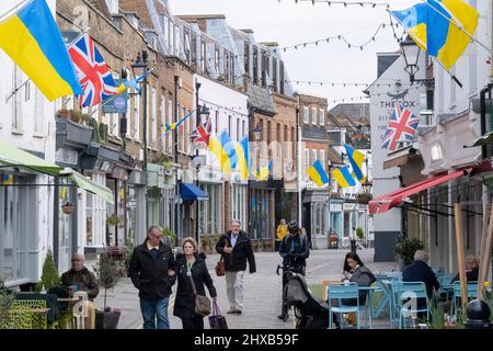 Alors que la guerre en Ukraine entre dans sa troisième semaine, les drapeaux ukrainiens pendent aux côtés de British Union Jacks au-dessus des entreprises de Church Street, Twickenham, le 10th mars 2022, à Londres, en Angleterre. L'initiative a été organisée par l'association Church Street of Twickenham, qui a fait preuve de solidarité et de sympathie envers les Ukrainiens locaux, en disant: 'La solidarité avec nos frères et sœurs ukrainiens. Nous nous sentons pour vous et votre horrible épreuve. Restez fort ! » Banque D'Images