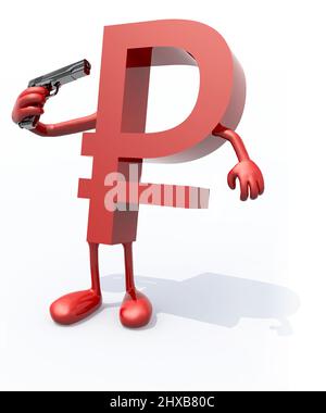 symbole rouble avec bras et jambes, arme à feu, concept de crise financière, illustration 3d Banque D'Images