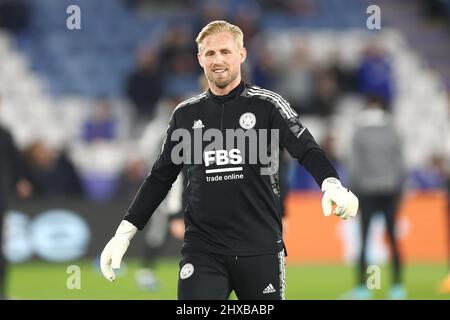 Leicester, Royaume-Uni. 10th mars 2022. Leicester City Goalkeeper Kasper Schmeichel avant la Ligue de la Conférence de l'UEFA, Round of 16, match de football de 1st jambes entre Leicester City et Stade Rennais (Rennes) le 10 mars 2022 au King Power Stadium de Leicester, Angleterre - photo: John Mallett/DPPI/LiveMedia crédit: Independent photo Agency/Alay Live News Banque D'Images