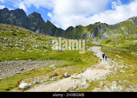 Randonneurs en voyage dans la vallée de Mengusovska, Vysoke Tatry (Hautes Tatras), Slovaquie. Paysage de montagne dans les Carpates occidentales. Banque D'Images