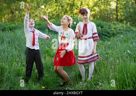 Les enfants ukrainiens ou bélarussiens en chemises brodées jouent dans la prairie. Banque D'Images