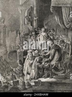 Nouveau Testament.Jésus Christ avant Ponce Pilate.Télécopie d'une gravure de P. Rembrandt.La Ilustración Española y Americana, 1878. Banque D'Images