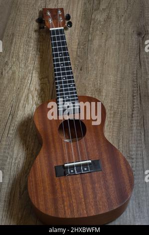 Ukulele sur fond de bois. Banque D'Images