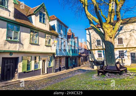 Tudor maisons le long de la rue pavée historique Elm Hill, Norwich, Norfolk, Royaume-Uni Banque D'Images