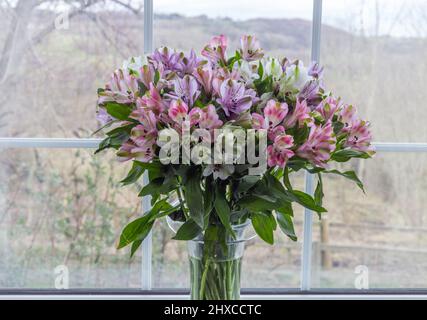 Gros plan de fleurs d'alstroemeria dans un vase sur un seuil de fenêtre. Banque D'Images