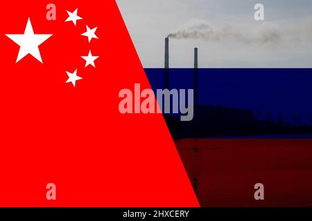 Concept de compétition entre les peuples République de Chine et Fédération de Russie avec drapeaux peints Banque D'Images