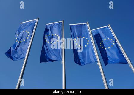 Allemagne, Hesse, Francfort, près de la tour de la BCE, quatre drapeaux européens l'un à côté de l'autre Banque D'Images