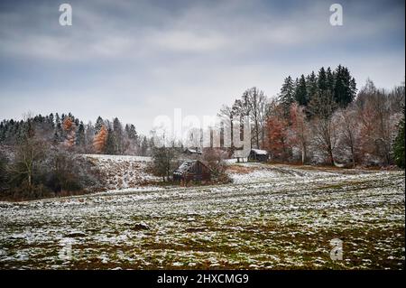 Paysage en haute-Bavière, contreforts des Alpes, Murnauer Moos, Murnau am Staffelsee, cabane en bois sur le chemin panoramique près de Seeleiten-Berggeist Banque D'Images