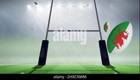 Image de ballons de rugby de couleur drapeau du pays de galles au stade Banque D'Images