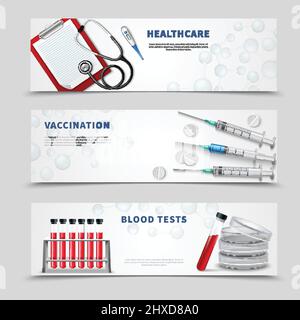 Trois bannières horizontales avec un stéthoscope réaliste pour les outils de traitement médical illustration du vecteur des flacons de test sanguin et des injecteurs de vaccins Illustration de Vecteur