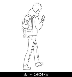 Guy voyageur avec un sac à dos. Utilise le navigateur du téléphone. Randonnée. Vecteur noir et blanc Illustration de Vecteur