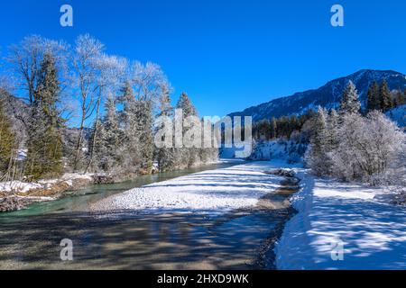 Allemagne, Bavière, haute-Bavière, pays de Tölzer, Isarwinkel, Lenggries, district de Vorderriß, paysage de rivière sauvage Isartal près de Vorderriß Banque D'Images