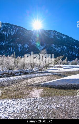 Allemagne, Bavière, haute-Bavière, pays de Tölzer, Isarwinkel, Lenggries, district de Vorderriß, paysage de rivière sauvage Isartal près de Vorderriß Banque D'Images