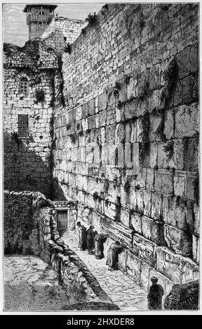 Gravure de Juifs priant au mur des lamentations à Jérusalem, vers 1880 Banque D'Images