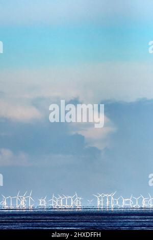 La ferme éolienne Lynn et Inner Dowsing à l'embouchure de la Washington. Vue de la côte de Norfolk. Banque D'Images