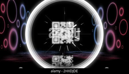 Illustration d'un code qr lumineux sur des cercles de néon Banque D'Images