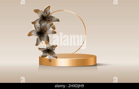 3d scène vide avec arc rond décoré de fleurs dorées, vecteur isolé sur fond beige. Vitrine avec podium vierge et arrangement floral Illustration de Vecteur