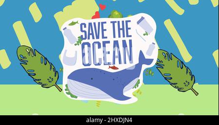 Image du texte de sauvegarde de l'océan avec des poissons et des feuilles sur fond bleu et vert Banque D'Images
