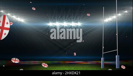 Image de ballons de rugby colorés avec le drapeau de la géorgie au stade Banque D'Images