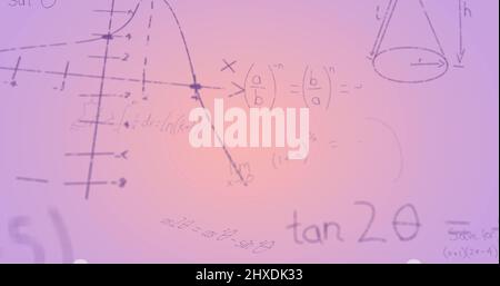 Illustration de formules mathématiques manuscrites sur fond violet Banque D'Images