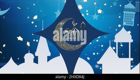 Image du texte de l'eid moubarak avec mosquée et croissant sur fond bleu brillant Banque D'Images