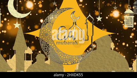 Image du texte de l'eid moubarak avec mosquée et croissant sur fond doré Banque D'Images