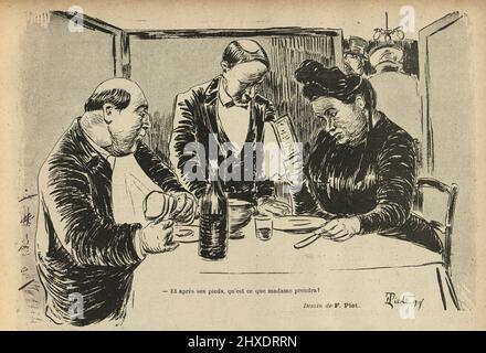 Caricature française vintage, serveur grossier servant homme et femme mûrs dans un restaurant, et après ses pieds, qu'est-ce que madame prendra ? Banque D'Images