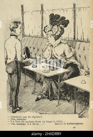 Caricature française vintage, - Comment! pas de réponse ? - Non, Ma'am. - Il a dit quelque chose en lisant le billet…- Oui, ma'am, il a dit M...!- Commentaire! pas de réponse ? - Non, madame. - Il a bien dit quelque a choisi en tant que lisant le billet… - Oui, madame, il a dit m…!. 19th siècle Banque D'Images