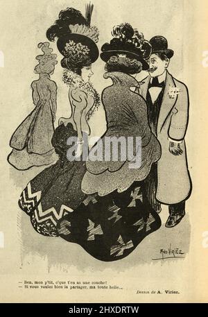 Caricature française vintage, Homme parlant à deux femmes bien vêtues, 1890s, 19th siècle. Ben, mon p'tit, c'est que c'est en comme une couche ! Si vous avez la garantie, ma touche belle. Ben, mon petit, que vous avez une couche! Si vous voulez le partager, mon beau Banque D'Images