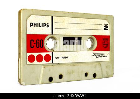 Cassette Vintage CASSETTE COMPACTE PHILIPS 1971 C-60 à faible bruit – Philips, fabriquée en Hollande Banque D'Images