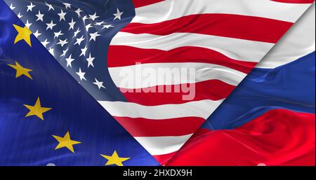 Trois drapeaux. États-Unis États-Unis d'Amérique , Union européenne et Russie. Illustration du concept de la compétition Great Power 3D. Banque D'Images