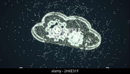 Image d'une icône numérique de nuage et de cogs avec réseau de connexions sur fond noir Banque D'Images