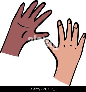 Les mains des enfants s'atteignent. Unité noire et caucasienne, concept de diversité. Contour avec illustration de couleur en style dessiné à la main Illustration de Vecteur