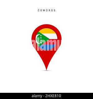 Marqueur cartographique à goutte d'eau avec drapeau des Comores. Union du drapeau des Comores insérée dans la broche de la carte de localisation. Illustration vectorielle plate isolée sur fond blanc Illustration de Vecteur