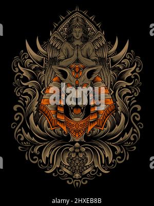 Illustration tête anubis avec ornement gravure vintage Illustration de Vecteur