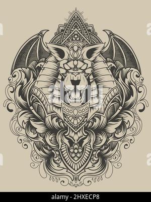 Illustration tête anubis avec ornement gravure vintage Illustration de Vecteur