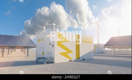 système moderne de stockage d'énergie par batterie avec éoliennes et centrales solaires en arrière-plan Banque D'Images