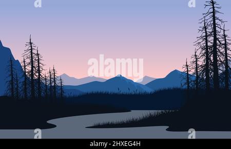 Vue imprenable sur la montagne avec la silhouette de sapins secs au coucher du soleil depuis la mer. Illustration vectorielle d'une ville Illustration de Vecteur