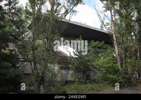 Stade de la ville de Pripyat, zone d'exclusion de Tchernobyl, Tchernobyl, Ukraine Banque D'Images