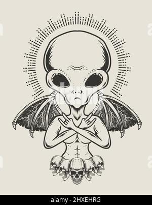 illustration extraterrestre avec ailes démon style monochrome Illustration de Vecteur