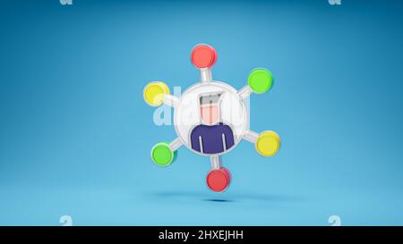 Système de gestion des données, flux marketing, concept d'analyse d'entreprise, symbole de stratégie d'entreprise. 3d icône isolée sur fond bleu. 3d rendu Banque D'Images