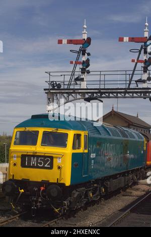 Classe 47 locomotive diesel britannique 47270 Swift, sous une paire de signaux de sémaphore, Nene Valley Railway, Royaume-Uni. Banque D'Images