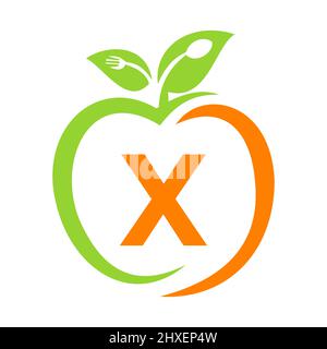 Logo des aliments sains sur la lettre X, modèle de vecteur Apple Health Care. Modèle de logo Apple avec X Letter Fork, affiche Spoon concept Restaurant Illustration de Vecteur