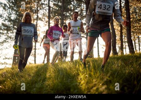 Gros plan d'un groupe d'athlètes qui participent au marathon dans la forêt par une belle journée ensoleillée. Nature, marathon, athlètes Banque D'Images