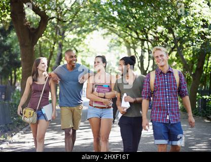 Heureux camarades de classe en route. Photo d'étudiants de l'université qui pendent sur le campus. Banque D'Images